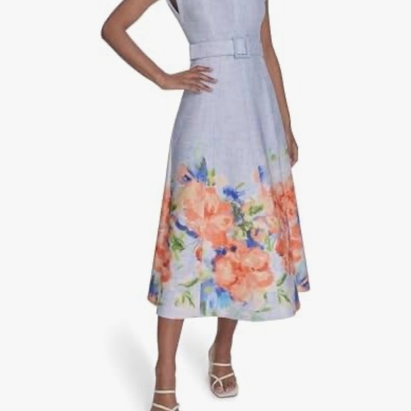 Calvin Klein Light Blue Midi Dress with Orange Floral Border - Picture 4 of 9